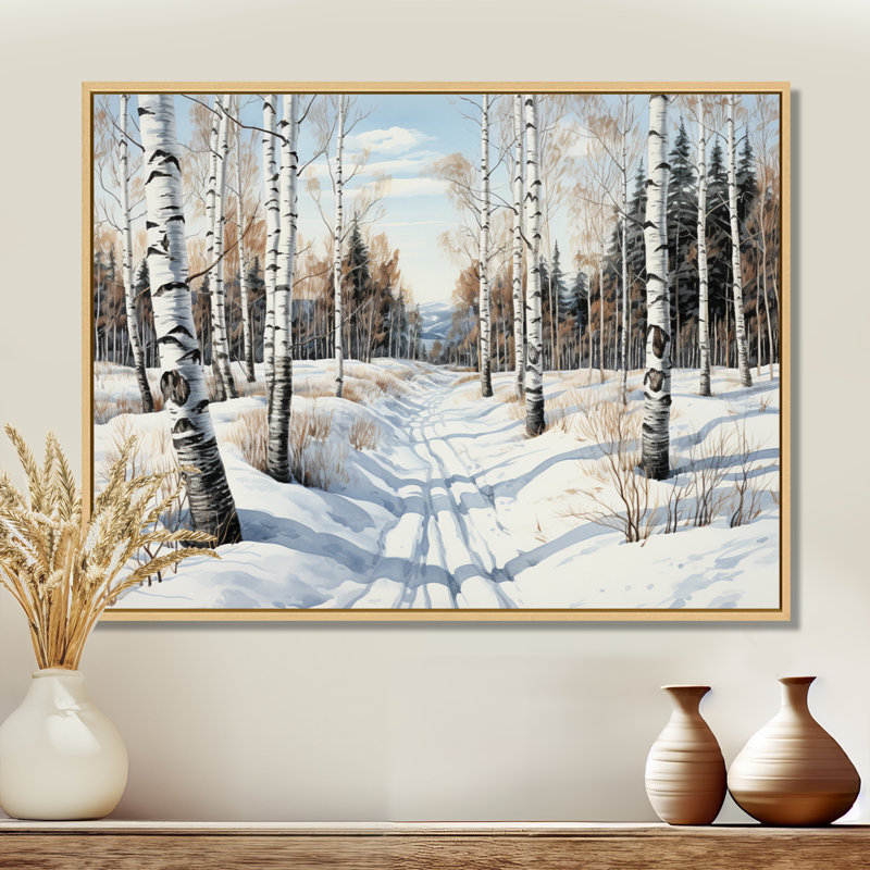 «Winter Birch Wood Forest II - Tree Birch», art mural, Cadre flottant brun, H 16 po x l 32 po x P 1 po