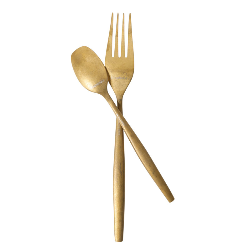 Bloomhouse 20 Piece Stone Washed Flatware 18/10 Stainless Steel Silverware Cutlery Utensil Set With Acacia Wood Caddy , Gold