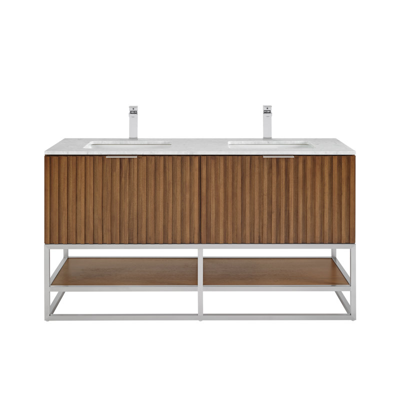 Terra 60'' W Double Vanity, Walnut, Carrara Marble/Single Faucet Mount, Brushed Nickel