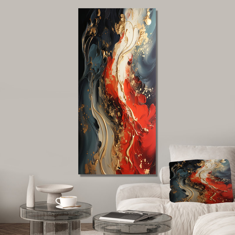 Rouge et or feu de marbre IV - art mural abstrait, Toile tendue, H 32 po x l 24 po