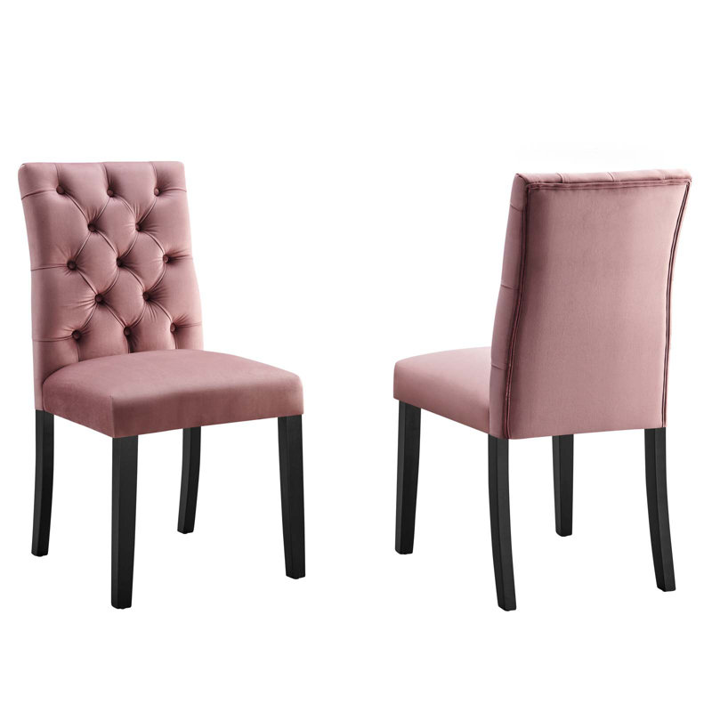 Dusty Rose Velvet Curvy Tufted Side Chair with Wood Legs
