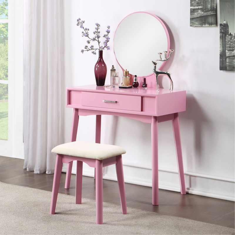 Maly Contemporary Wood Vanity And Stool Set, Pink