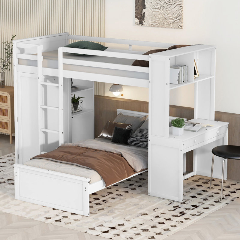 Loft Bed with a Stand-alone bed, Shelves,Desk,and Wardrobe, Twin, White