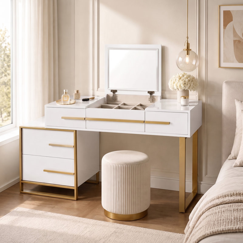 47'' Extendable Makeup Vanity Desk, Modern Vanity Table Wtih Flip-top Mirror And Four Drawers, Dressing Table With Nightstand For Bedroom