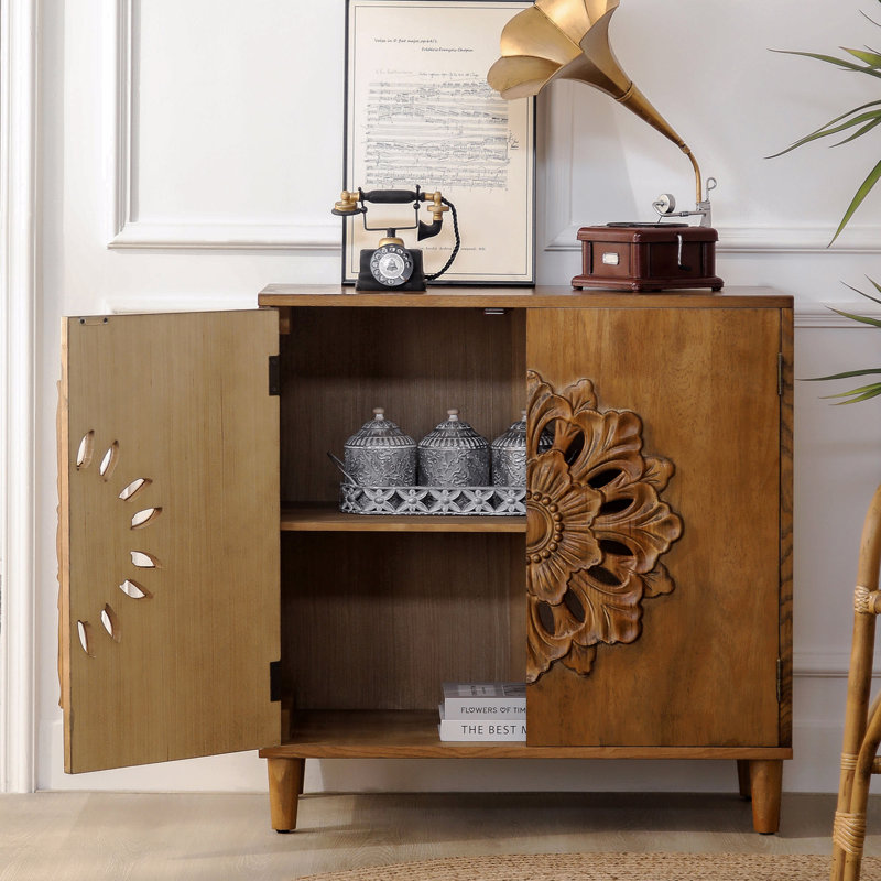 Rustic Hand-Carved Wooden 2-Door Cabinet – Boho Accent Storage Cabinet With Floral Design, Solid Wood Sideboard