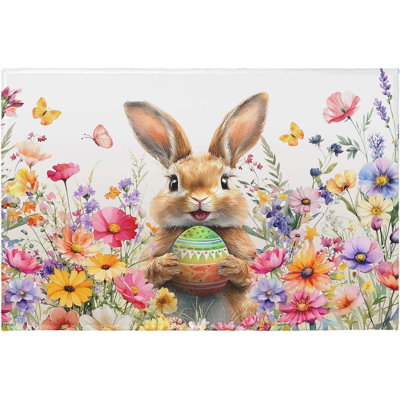 2x3 Ft  Entry Rug Spring Easter Bunny Rabbit Eggs Flowers Decorative Door Mat Non-Slip Low Pile Porch Front Doormat Small Entryway Area Rug