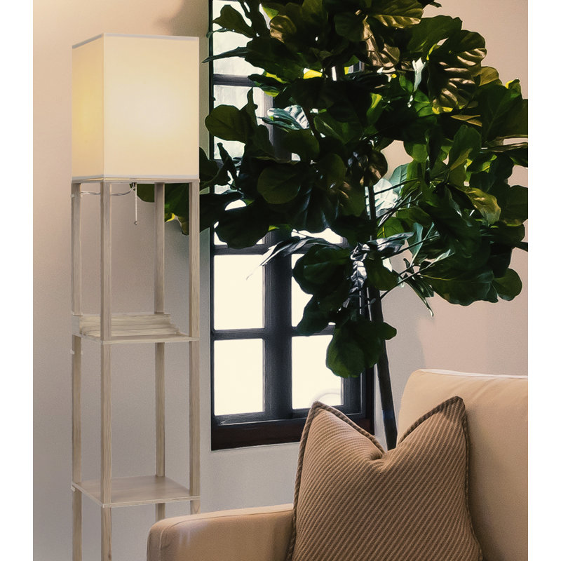 Maxwell 63 in. 3-Shelf USB-Charging LED Floor Lamp with Fabric Square Shade, Beige, Wood