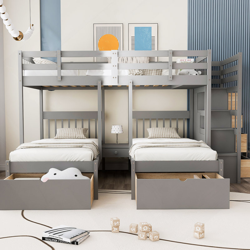 Lit double superposé double au-dessus de simple et simple, lit superposé triple en bois avec tiroirs et garde-corps, gris (ANCIEN SKU: LT000443AAE-1)