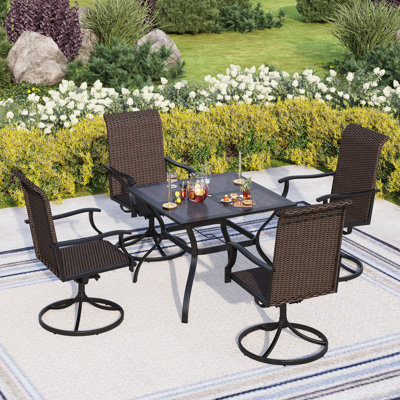 Alyah 5 Pieces Outdoor Metal Dining Table Set 4 High Back Wicker Swivel Chairs One Black Square Patio Backyard Table For 4 With Umbrella Hole -  Lark Manorâ¢, 8AAB1F3E5E72414795ED8F3560AE2B91