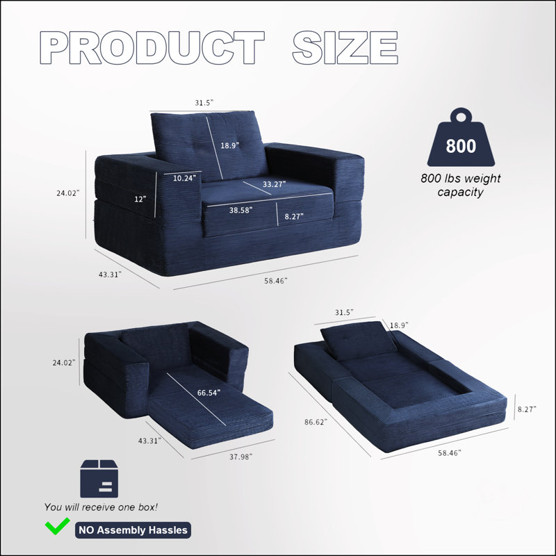 Compression Human Dog Sofa Bed For Adults & Pets, Modern Floor Couch With Pillow, Corduroy Fabric, No Assembly, Dark Blue