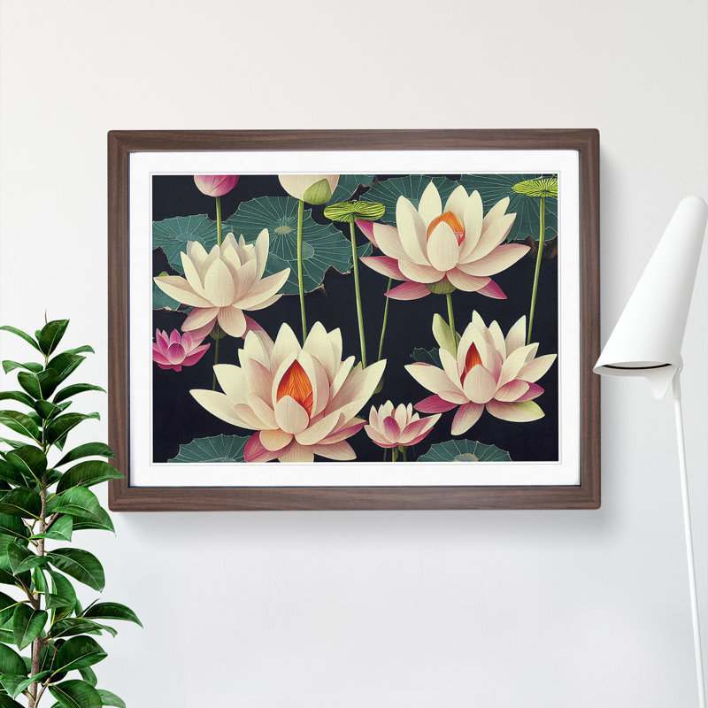 Dashing Lotus Flowers - Framed Print, 25cm H x 34cm W x 2cm D, Walnut