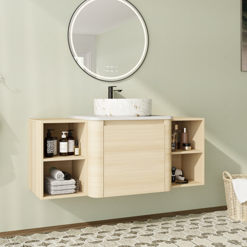 Ensemble de meuble-lavabo mural simple 48 po avec plateau en pierre reconstituée et portes à fermeture en douceur 48 po
