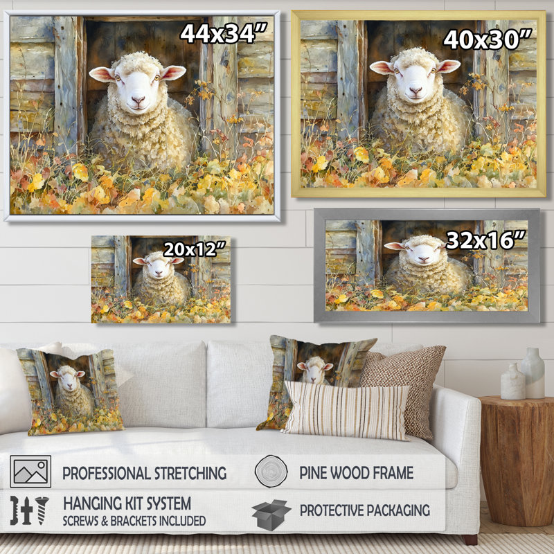Dulinsky Sheep Floral Portrait At The Barn - Sheep Large, art mural, Noir, noir, noir, noir, Impression encadrée flottante