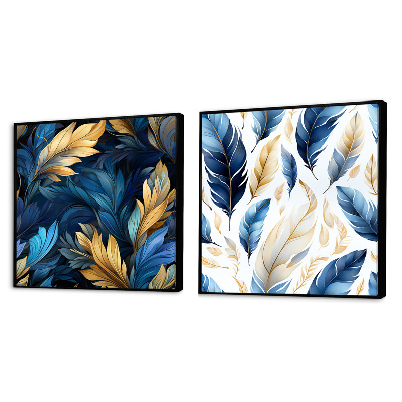 Plumes de colombe bleu saphir - ensemble de collage abstrait botanique carré de 2, Cadre flottant noir, H 36 po x l 73 po