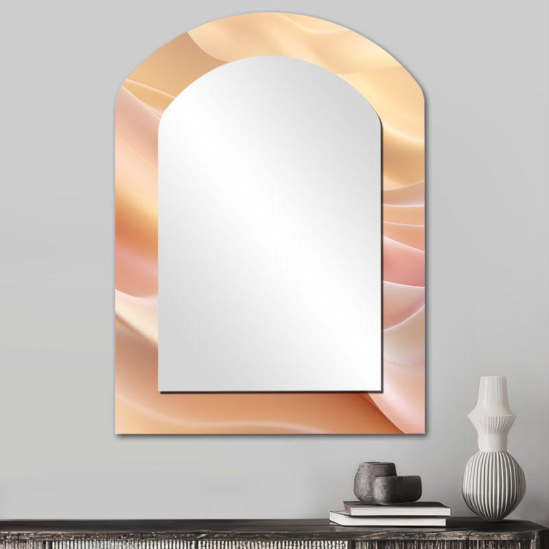 Or et rose Soft Wave Fusion - miroir mural arqué de formes abstraites, miroir décoratif asymétrique moderne, impression d'art en métal