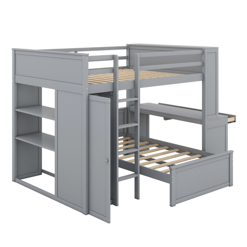 Lit mezzanine avec lit autonome, tablettes, bureau et garde-robe, Gris