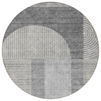 8' Gray Silver And Charcoal Round Geometric Washable Indoor Outdoor Area Rug
