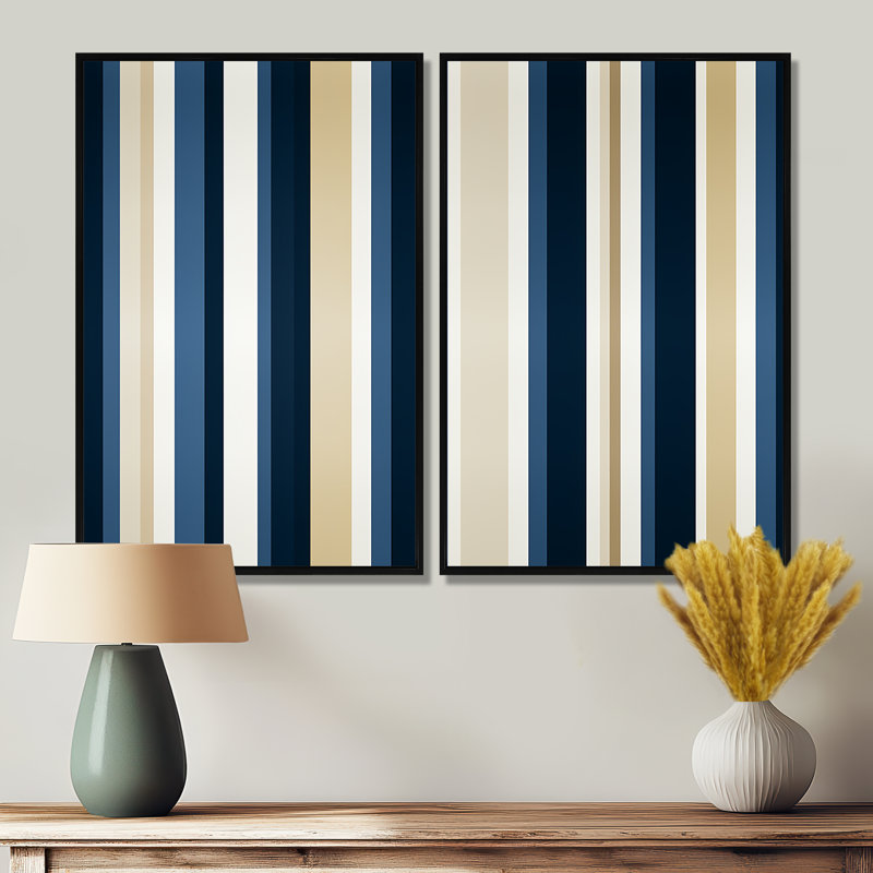 Élégant motif classique rayé sur toile beige et bleu classique, 2 pièces, Noir, H 36 po x l 48 po