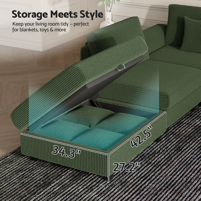 Canapé-lit modulaire en velours côtelé avec repose-pieds Kaneki, Vert, 36' H x 146' L x 78' P