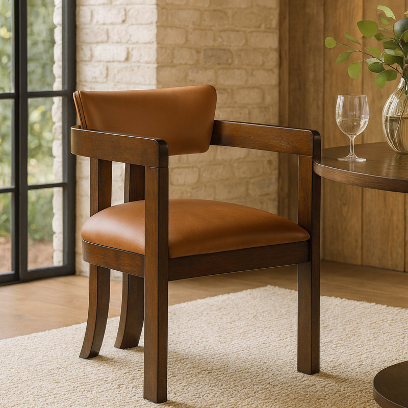 Chaise rembourrée en cuir Phalan, Cuir cognac végétalien, Noyer teinté