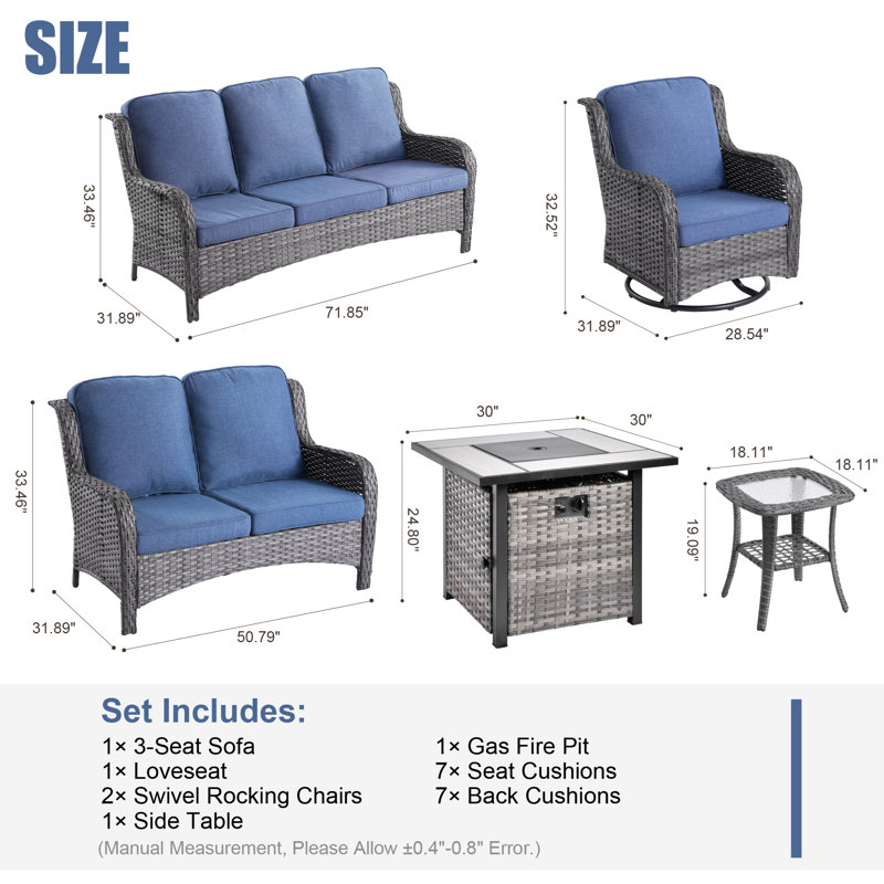 Ensemble de conversation avec foyer 6 pièces avec coussins Aschraf, Bleu denim, H 24,8 po x l 30 po x P 30 po, Gris