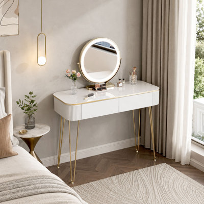 Make Up Vanity Desk with Mirror and Lights, Dressing Table with 2 Drawers, White and Gold Makeup Vanity
