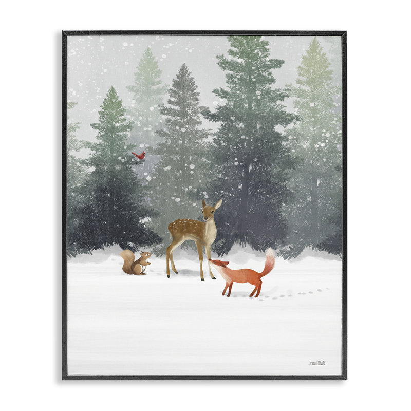 «Winter Season Forest Animals Fox Deer Squirrel» par House Fenway - impression d'art graphique, Giclée encadrée noir minuit