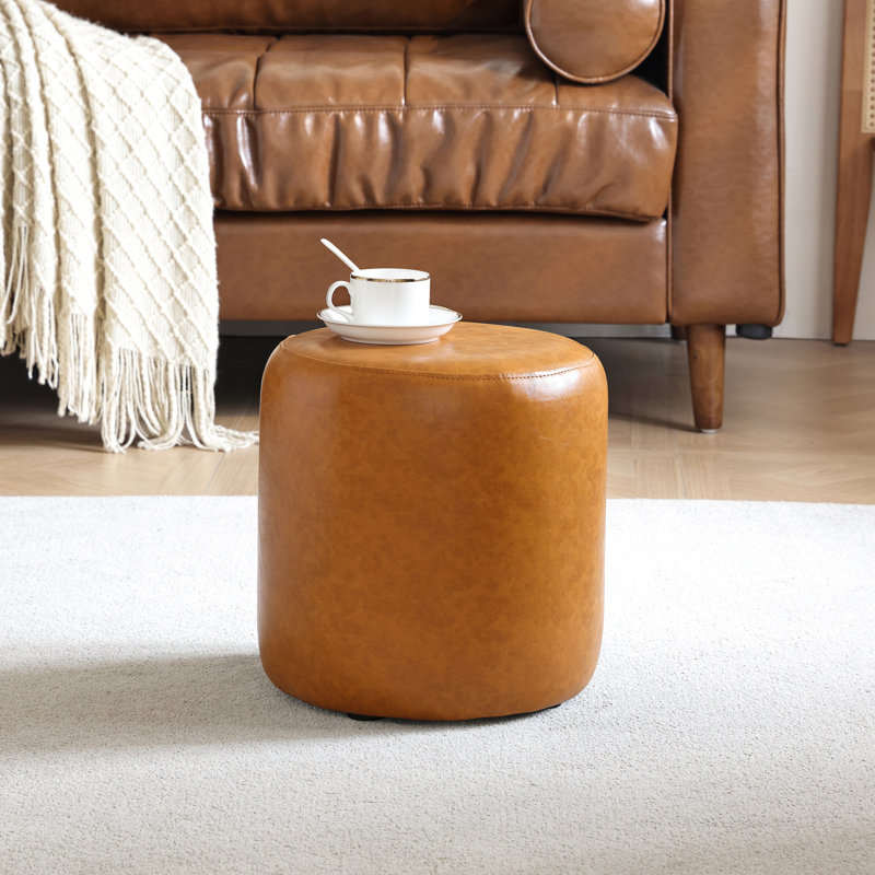 30cm Small Round Faux Leather Upholstered Ottoman, Orange