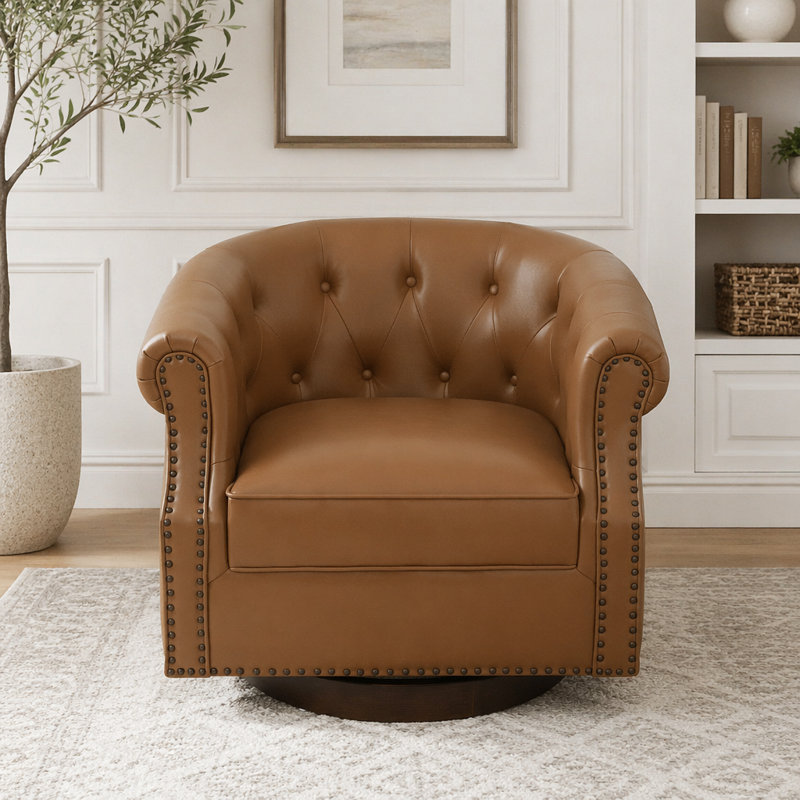 Fauteuil d'appoint pivotant en similicuir moderne avec dossier courbé, Brown