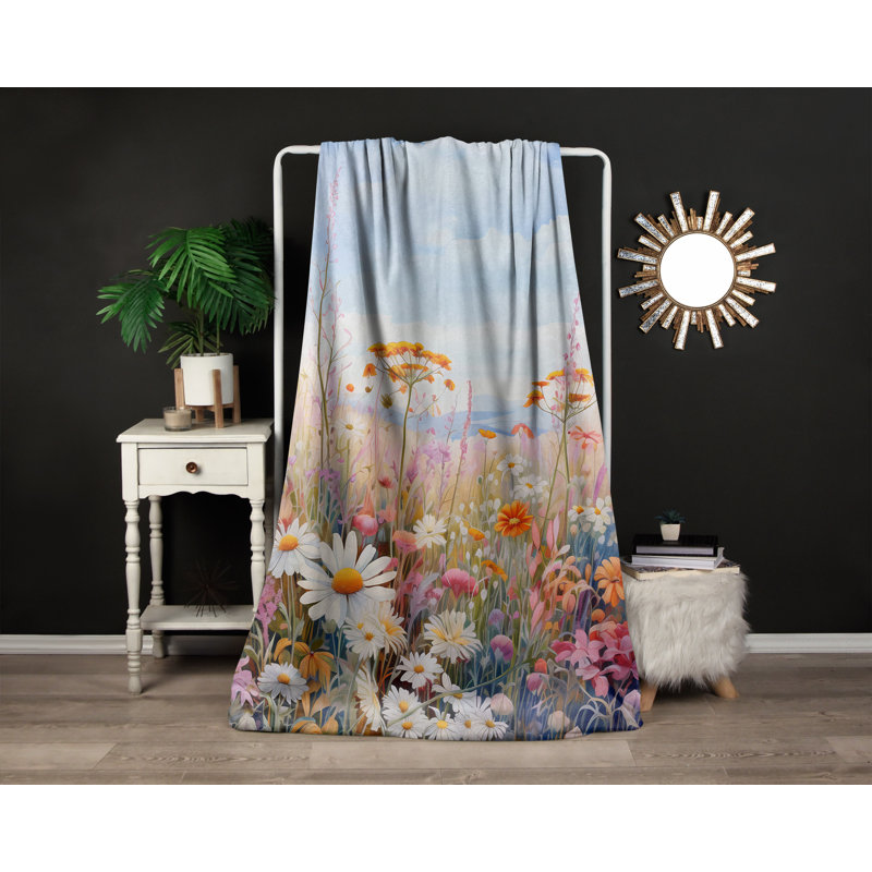 Throw Blanket, 68" W x 80" L, Floral/Abstract, Blue/Orange/White