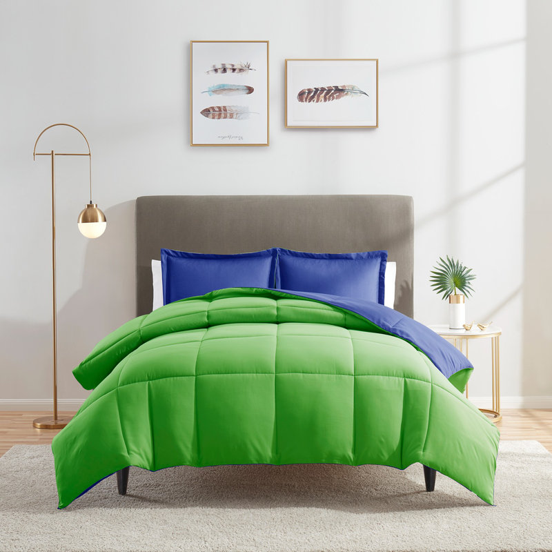 All Season Down Alternative Reversible Comforter Set, Queen Comforter + 2 Standard Shams, Lime Green/Royal Blue