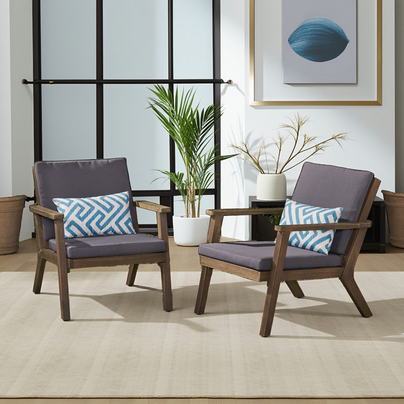 Chaises club d'extérieur en bois d'acacia gris foncé (ensemble de 2) - Coussins résistants à l'eau et conception à lattes ouvertes