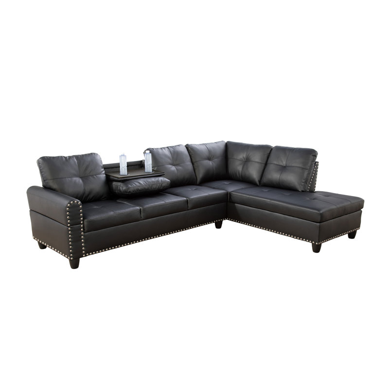 Morgynn Faux Leather L-Shaped Sectional, Black Faux Leather, Right Hand Facing