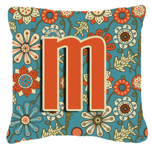 Lettre fleurs Monogram rétro intérieur/extérieur Throw Pillow, 14" H x 14" L x 4" D, M