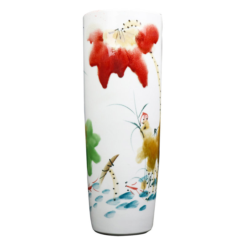  Chinese White Porcelain Vase Brush Painted Water Lotus Flower