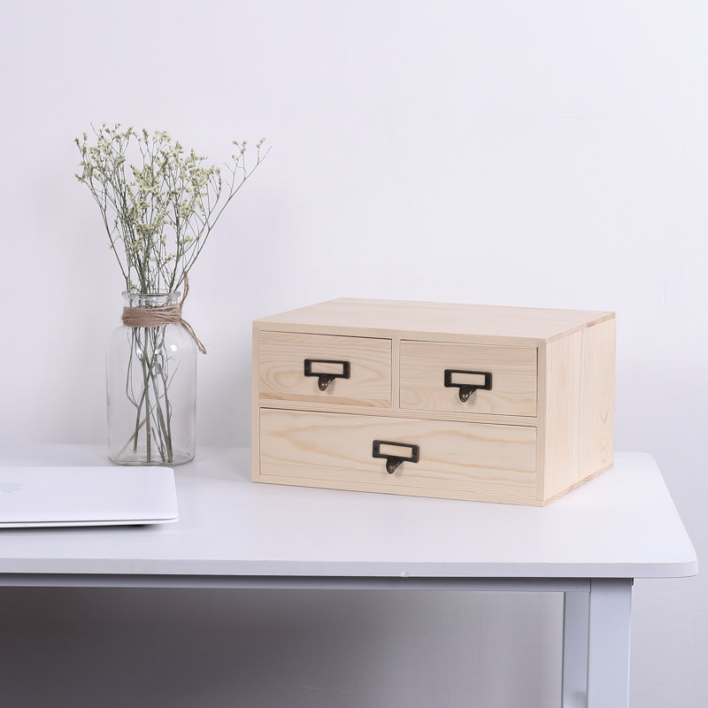 Kennon 3 Drawer Solid Wood Desk Organizer, Light Brown