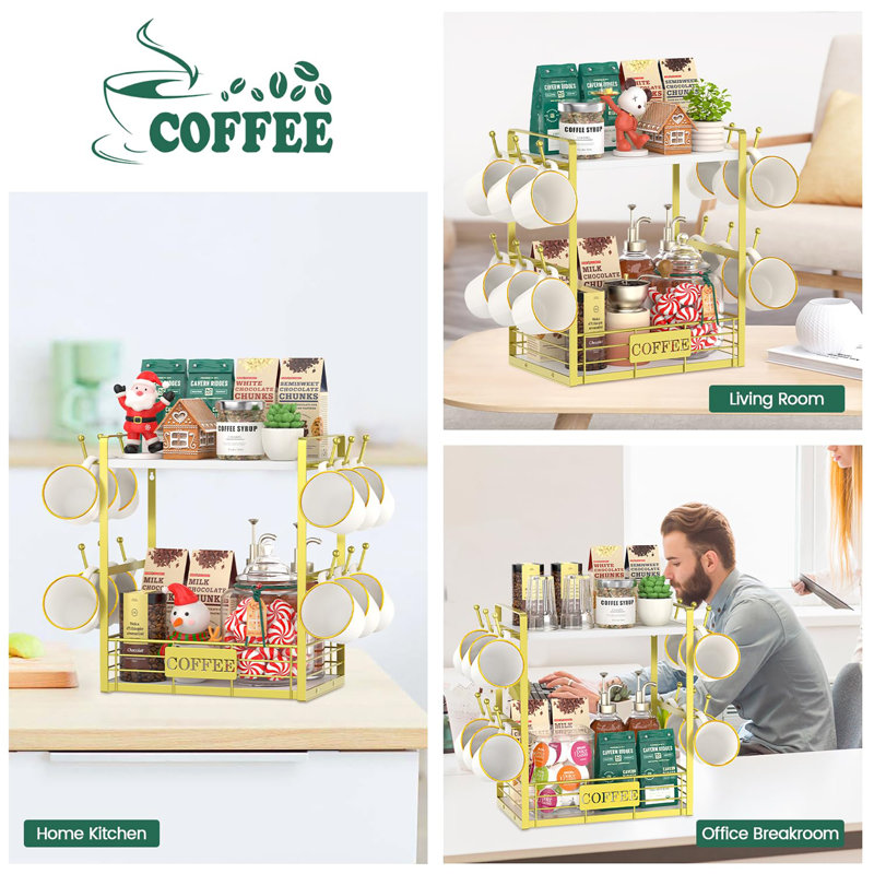 Multi-Functional 2 Tier Mug Tree Rack, Gold