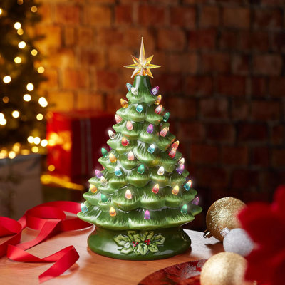 Hand Painted Ceramic Christmas Tree, Green 15-Inch Pre-Lit Tree with 128 Multi Colour Lights