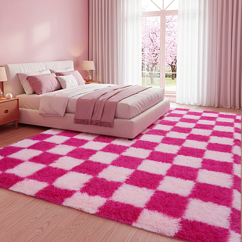 Plush Checkered Shag Area Rug - Soft Fluffy Hot Pink Grid Fleece Carpet for Living Room, Bedroom, Dry-Clean Only, High-Pile Shaggy Rug with Modern Checkerboard Pattern, Cozy Non-Slip Floor Decor for Contemporary Home Spaces