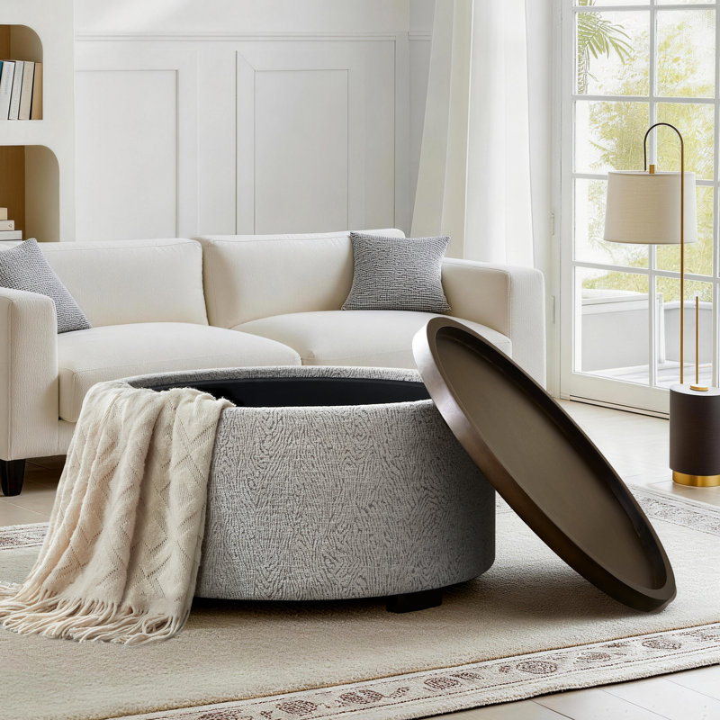 Caysey 30.1" W Upholstered Round Storage Ottoman with Wooden Tray, White