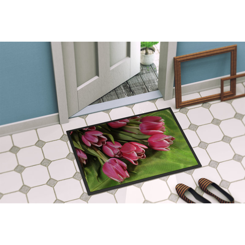 Tapis de porte antidérapant Pink Tulips, Rectangle 1 pi 6 po x 2 pi 3 po