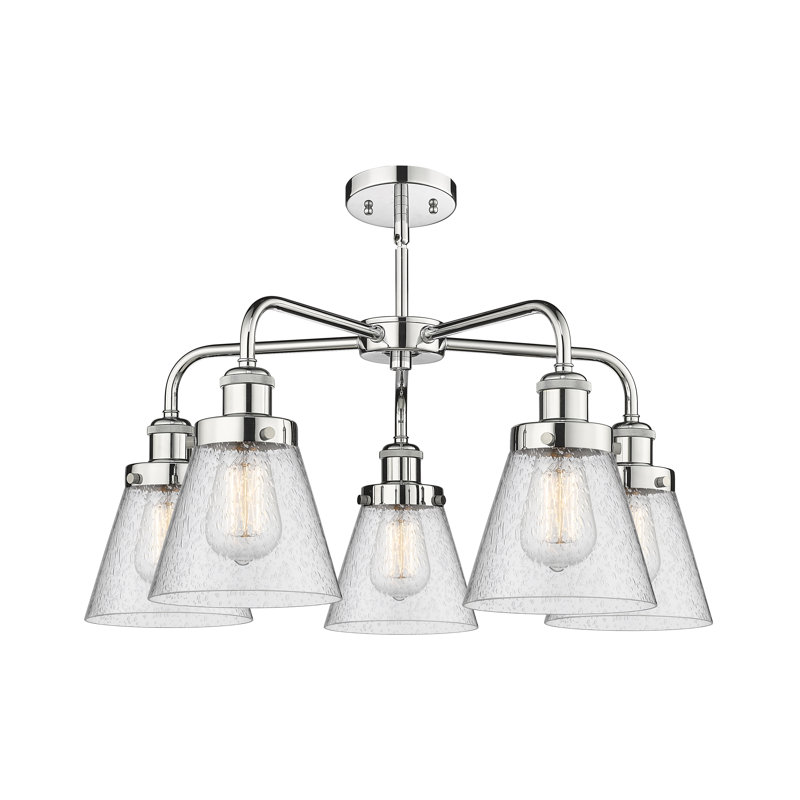 Cone 5 Light Stem Hung Chandelier, Seedy, Polished Chrome