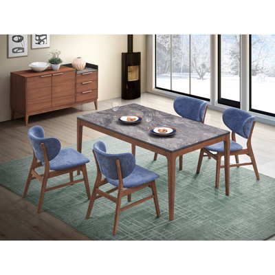 Chaise bleu rembourrée 5, salle à manger grise, finition noyer, eau / égratignure et frottement à l'huile, chaise 23 po x l 19 po x l 31 po, largeur de l'assise 19 po, profondeur 18 po, capacité de poids de 220 lb par siège, limite de 100 lb