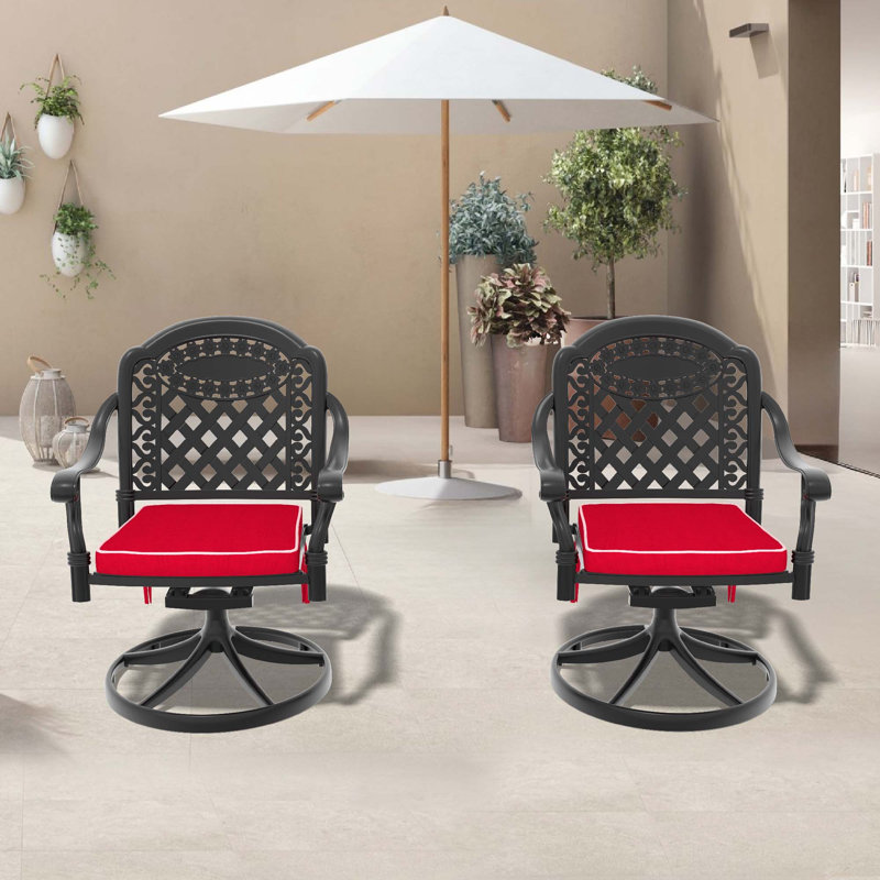 Cast Aluminum Patio Swivel Chair 2PCS With Black Frame And Red Cushions, Red