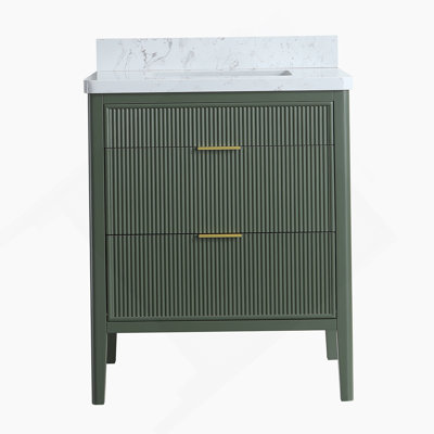 Fully Assembled 30''  Green Freestanding Single Sink Bathroom Vanity with Solid Wood Construction and Engineered Marble Top