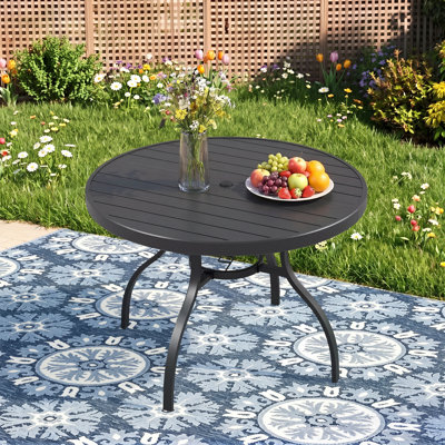41" Round Metal Outdoor Patio Dining Table For 4, All-weather Slatted Outdoor Table With Umbrella Hole