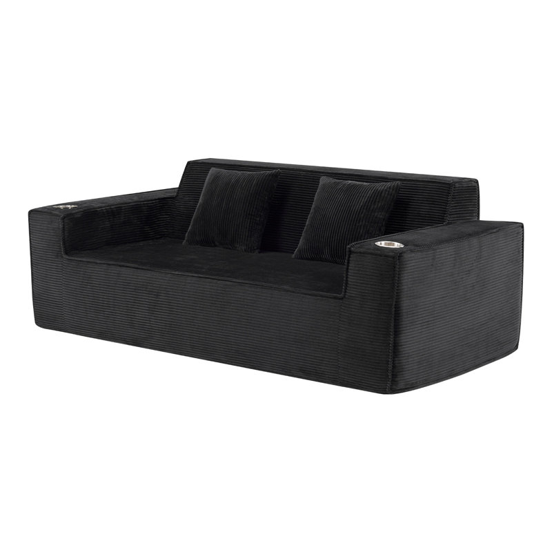 Canapé 76 po avec accoudoirs carrés en chenille 76 po, petit canapé 2 places avec porte-gobelets, Noir