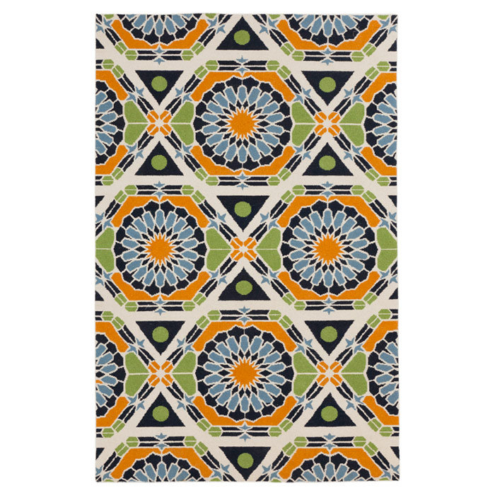 Kaleidoscope Wool Geometric Area Rug in Blue/Green/Orange, Rectangle 2' x 3'