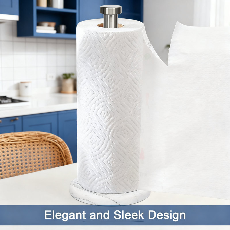 Porte-essuie-tout autoportant avec base en marbre lesté, support en nickel brossé pour comptoir de cuisine ou de salle de bain, peut contenir des rouleaux standard et jumbo sans aucune installation requise