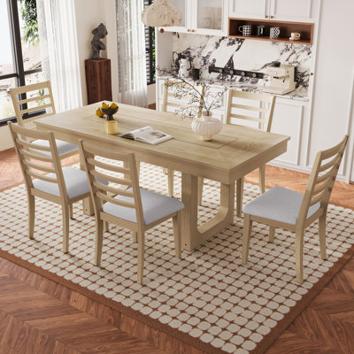 7 Piece Extendable Dining Table Set, Farmhouse Extendable Table with 18" Move Leaf, 78" Rustic Wooden Kitchen Table and 6 piece Upholstered Chairs, Ex by Hokku Designs